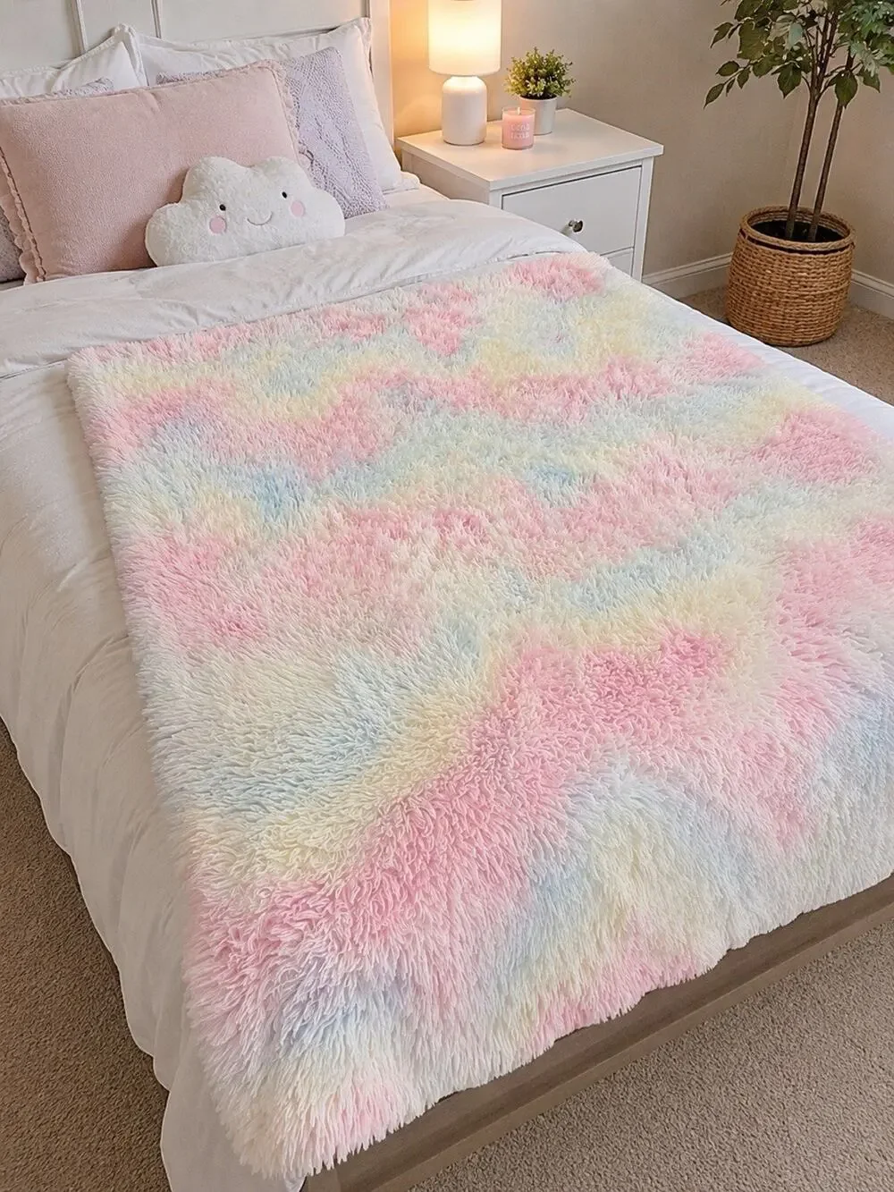 Pastel Rainbow Tie Dye Fluffy Shag Faux Fur Throw Blanket 64” x 43”